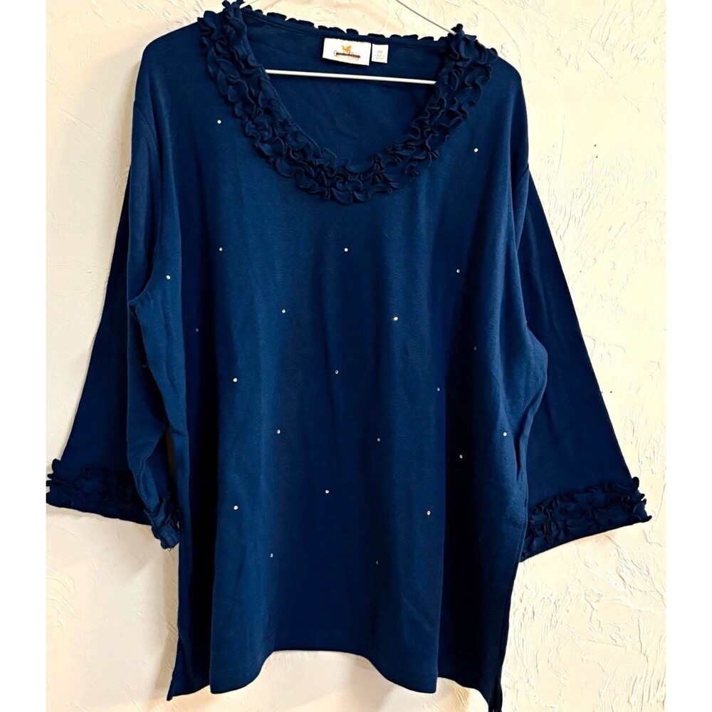 Women’s Quaker Factory Blouse 2X Plus Navy Solid V-Neck Ruffle